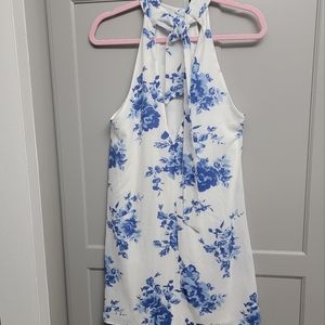 Lulus Floral Mini Dress Sz Small Halter Tie Cut Out Back White Blue